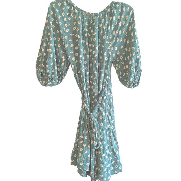 Billabong Teal Green Floral Off Shoulder Wrap Dress Puff Sleeve Rayon Womens L - Picture 3 of 16